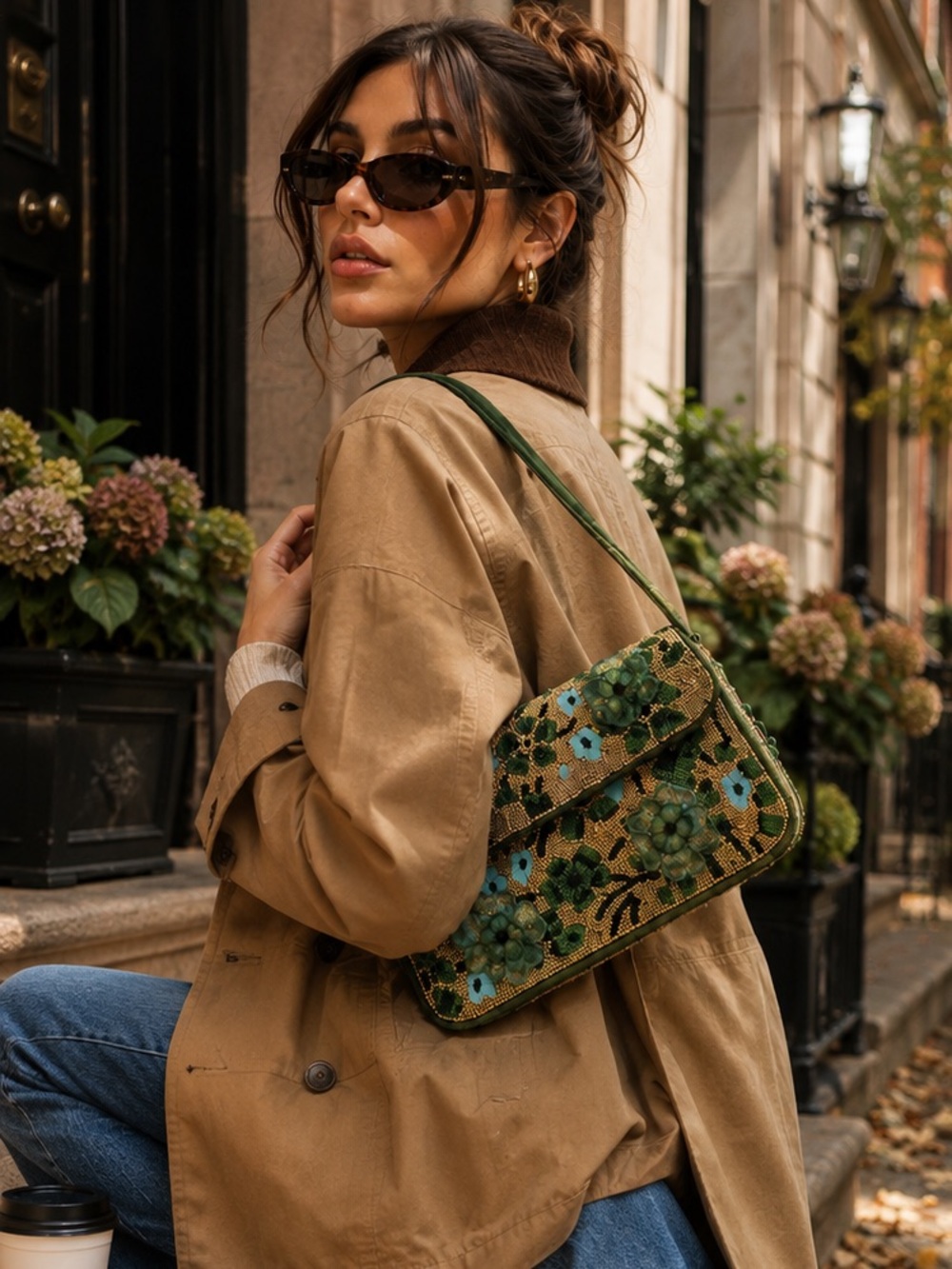 STAUD Tommy Moss Floral Beaded Shoulder Bag Green Blue Appliqué